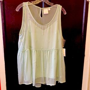 New! XL mint green top; armless; sheer; beaded